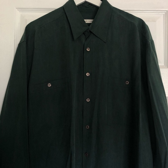Silk Button Down Shirt in Forest Green - Picture 3 of 6